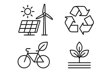 Sustainability and eco friendly line icon set. Renewable energy, recycling, and green transport vector pictograms. Solar panel, wind turbine, eco bike, and plant sprout symbols.