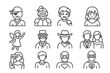 Costume party and event characters line icon set. Vector pictograms of pirate, knight, zombie, anime cosplay, fairy, steampunk, cowboy, wedding, superhero, masquerade.