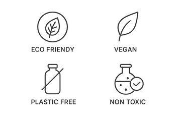 Eco friendly icon set. Thin line vector symbols for ethical products. Vegan, plastic free, non toxic, organic, certified, recyclable labels for sustainable packaging.