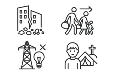 War consequences line icon set. Vector pictograms of destruction, building ruins, displacement, mass migration, family refugee, power outage, energy crisis, orphan.