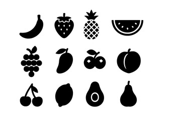 Black Fruit Glyph Icon Set. Banana, Strawberry, Pineapple, Watermelon, Grapes, Mango, Blueberry, Peach, Cherry, Lemon, Avocado, Pear. Vector Food Silhouette Collection