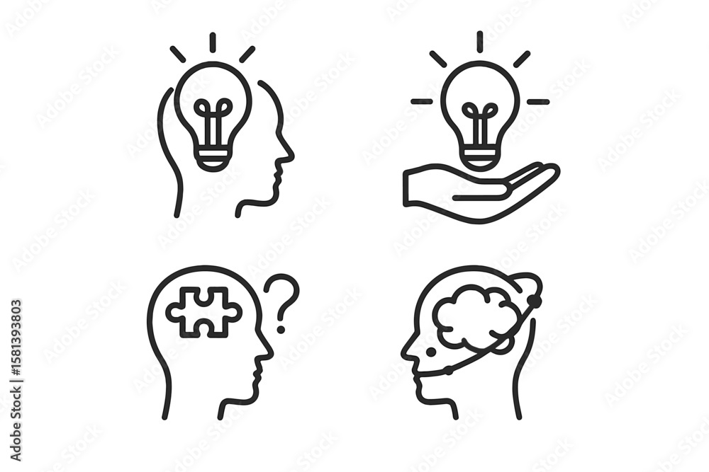 Poster creative thinking and idea generation line icon set – brainstorming, innovation, problem solving, in