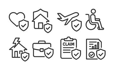 Insurance and protection line icon vector set including health, home, travel, disability, property damage, business liability, claim, and risk icons in modern outline style.