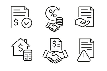 Financial services and loan agreement line icon set. Vector symbols for mortgage, interest rate, repayment, approval, rejection, penalty, and business contract concepts.