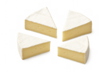 Creamy brie cheese wedges revealing soft, pale texture and delicate white rind against transparent surface