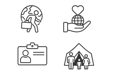 Refugee crisis humanitarian aid vector icons set, migration support, global relief efforts, displaced person ID card, tent shelter, family assistance, emergency aid symbols