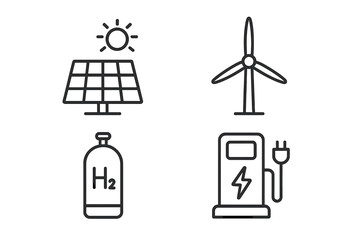 Clean Renewable Energy and Low Emission Power System Line Icon Set – Solar Panel, Wind Turbine, Hydrogen Fuel, Electric Vehicle Charging Station – Sustainable Green Energy Generation