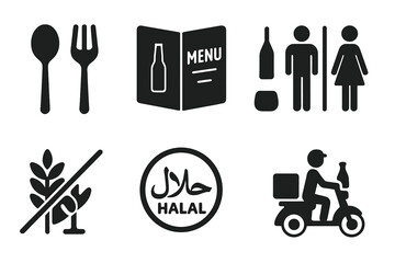 Restaurant navigation glyph icon set with 4 vector pictograms featuring service bell, menu, restroom, vegan, gluten-free, halal, alcohol, delivery, black silhouette signs for food and hospitality