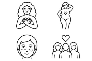 Self-Love and Body Positivity Line Icon Set of 4, Vector Pictograms Featuring Self-Acceptance, Mental Well-Being, Curvy Silhouette, Curly Hair, Diversity, Freckled Face, and Empowerment