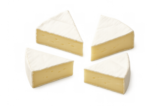 Creamy brie cheese wedges revealing soft, pale texture and delicate white rind against transparent surface