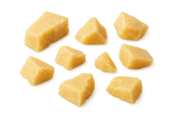Parmesan cheese pieces falling dynamically, revealing golden edges and crumbly texture against white translucent surface