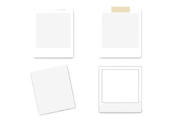 Set of realistic empty instant photo frames. Picture mockup with transparent background, shadows, and tape. Vector design element for memory, scrapbook, and collage.