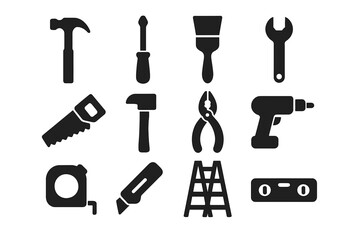 Fototapeta premium Construction Tools Icon Set. Black Silhouette Hand Tools Collection. Hammer, Screwdriver, Saw, Drill, Wrench, Pliers, Tape Measure, Utility Knife, Ladder, Paint Brush, Level. Vector Illustration.