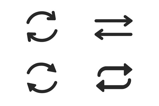Double reverse arrow set icons, convert sign, replace icon, return icons. Transparent PNG, vector illustration, circular arrows, refresh symbol, reload icon, swap, loop.
