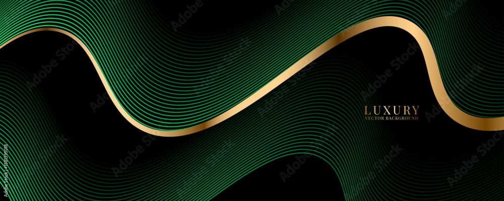 Poster 3d green luxury abstract background overlap layer on dark space with golden wave lines decoration. m