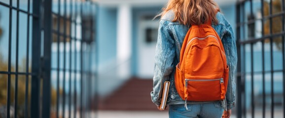 A young woman wearing an orange backpack and holding books is walking towards the school gate with her back to the camera, symbolizing college life or study in a modern urban environment Generative AI