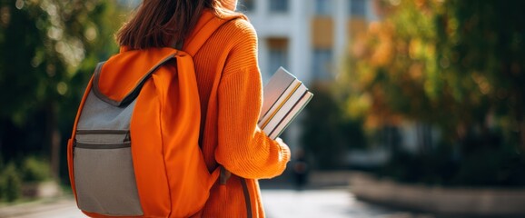 girl is walking with her back to the camera, wearing an orange backpack and holding books in one hand while standing on a campus, close-up shot of her upper body, with blurred background Generative AI