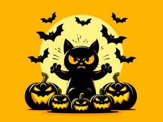 Halloween cat character design illustration. Happy Halloween party invitation card with spooky pumpkin, black cat and bat. Halloween Black cat silhouette. Orange background. Halloween scary black cat