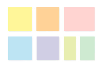 Sticky notes pastel colors isolated, thin stripes, post-it note paper collection with shadows, office stationery, memo reminder, colorful sticky papers for organization