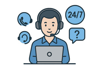 Customer support representative headset laptop. 24/7 online technical helpdesk. Hotline helpline assistance. Call center operator. Customer service support vector illustration.