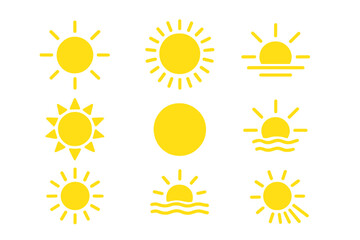 Sun icon set, solar isolated icons, summer signs, sunlight symbols, sunshine and sunset collection, transparent PNG and vector illustrations, bright sunny designs