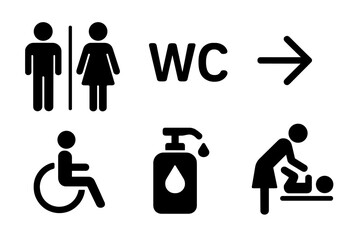 Toilet icons set, restroom signs collection, male & female WC symbols, handicap wheelchair accessible, sanitizer dispenser, WC direction arrow, baby changing room, vector