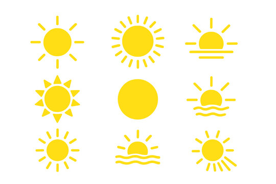 Sun icon set, solar isolated icons, summer signs, sunlight symbols, sunshine and sunset collection, transparent PNG and vector illustrations, bright sunny designs