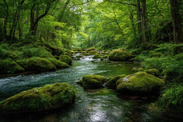 Serene forest stream flows gently over moss-covered rocks, lush green foliage arching overhead, creating a tranquil, shaded scene