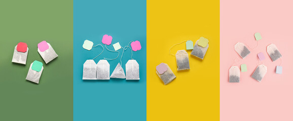Set of many tea bags on color background, top view