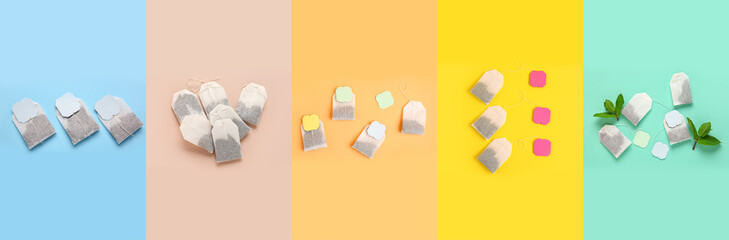 Set of many tea bags on color background, top view