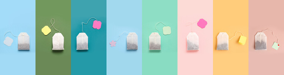 Set of many tea bags on color background, top view
