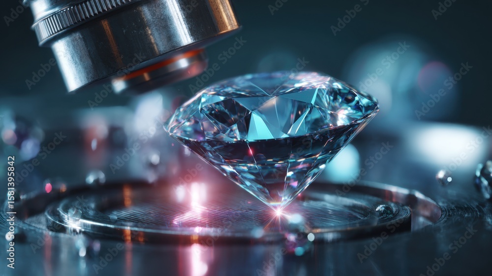 Poster digital microscope examining diamond cut quality in high-tech lab setting