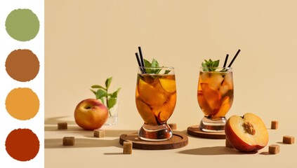 Glasses of tasty peach lemonade on beige background. Different color patterns