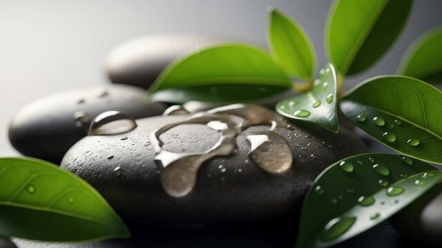 Serene Spa Still Life: Water Flowing Over Smooth Stones and Green Leaves in a Calming Video
