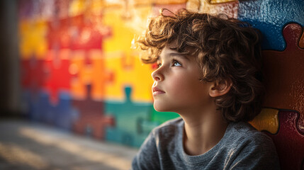 A young boy sits quietly with his back turned, facing a vibrant puzzle-patterned wall. The image symbolizes autism's uniqueness and complexity, with emotional depth and space for text on the side.

