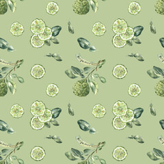 Bergamot fruit and leaves seamless pattern on green background. Botanical watercolor illustration, perfect for kitchen textile, wallpaper, tablecloth, and more