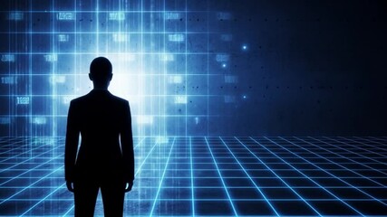 Silhouette of a businessman standing in a futuristic digital grid environment with glowing data - Powered by Adobe