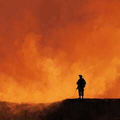 Silhouette of Soldier Standing in Fiery Orange Smoke and Flames Scene