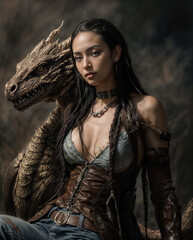 A portrait of a young woman with her dargon 