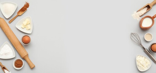 Kitchen utensils and ingredients for cinnamon rolls on grey background with space for text