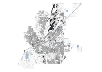 Fototapeta premium Vector map of Vacaville, CA: detailed building footprints, clear highway network, and prominent local waterways (creeks/reservoirs). 