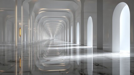 Endless corridor of futuristic architecture with archways and reflections