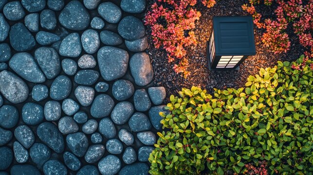 Aerial View of Modern Garden Landscape with Smooth Pebbles, Vibrant Bushes and Decorative Lantern