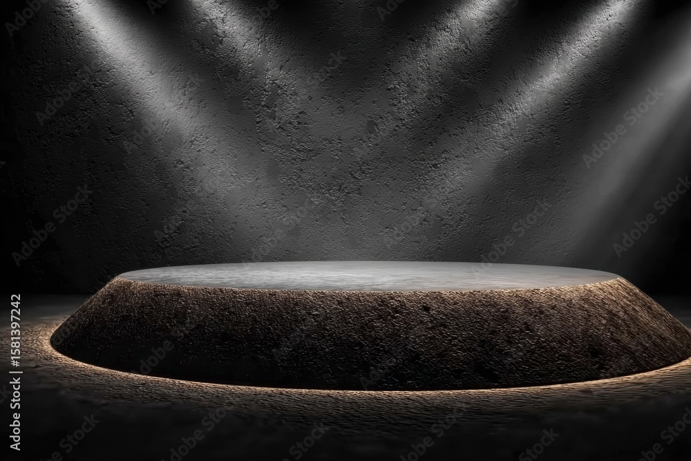 Poster spotlight stage: an empty stage is illuminated by overhead spotlights, casting dramatic shadows acro