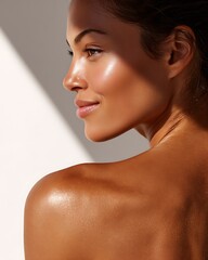 A photo of a tanned woman's shoulders that are gently exposed to the sun, giving a warm, healthy feeling in a clean, natural beauty style.
