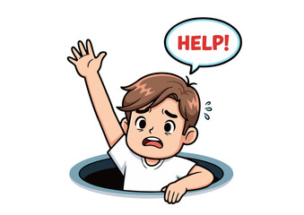 Cartoon Boy in Hole Asking for Help with Raised Arm.