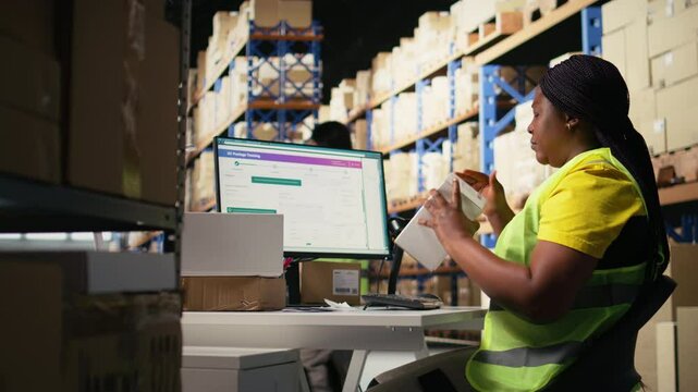 Black woman placing adhesive shipment tags on cardboard boxes, handles labeling and packaging tasks for order processing. Worker applying printed awb labels in storage depot. Camera A.