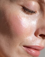Fototapeta premium A soft pink cream is gently spread on the cheeks of a fair-skinned woman. The background is bright white and the light is soft. It is suitable for advertising serum or cream for sensitive skin.