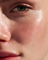 Fototapeta premium A soft pink cream is gently spread on the cheeks of a fair-skinned woman. The background is bright white and the light is soft. It is suitable for advertising serum or cream for sensitive skin.