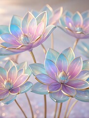 Fototapeta premium Close up of pastel colored lotus flowers with gold trim against a soft background